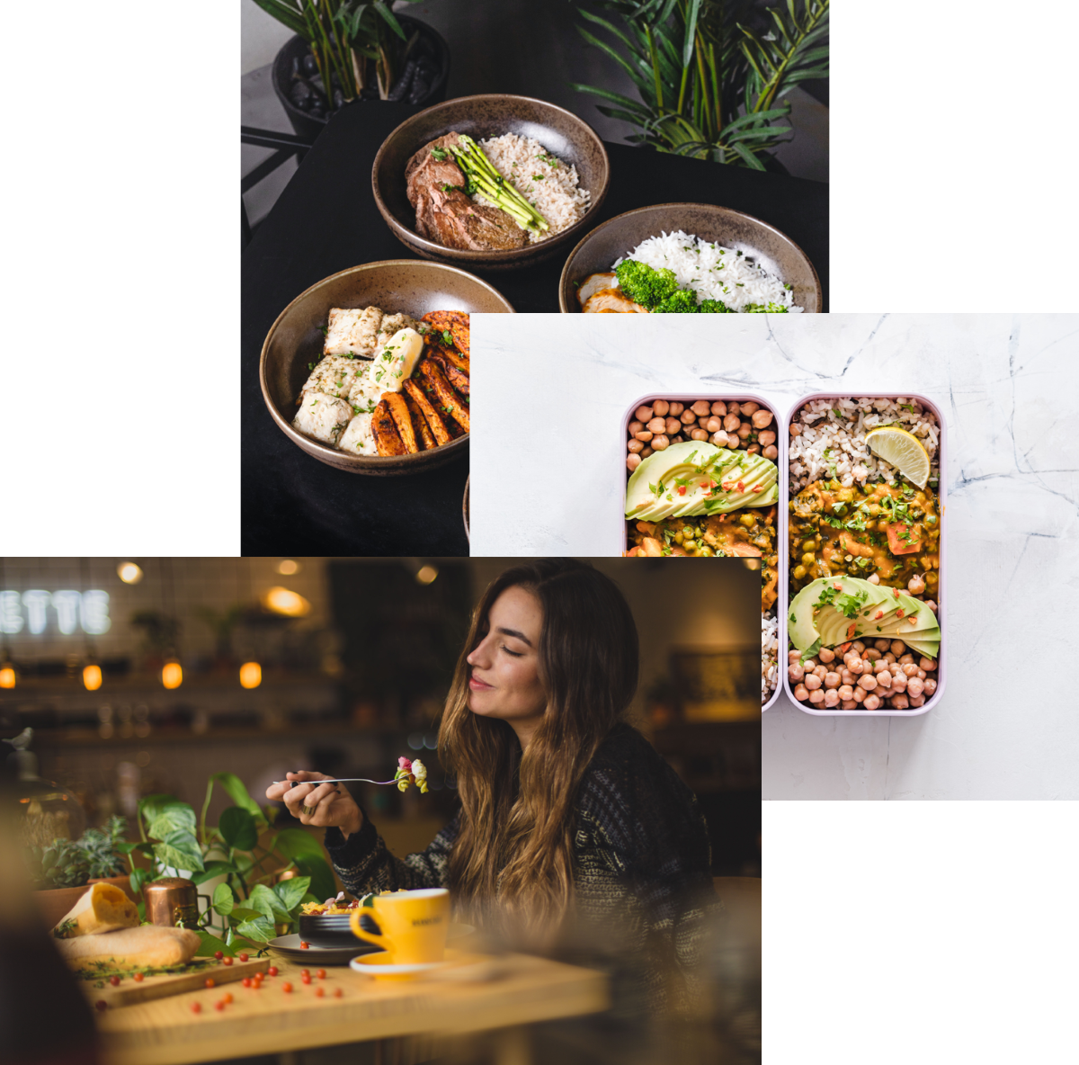 women enjoying food, meals in storage container, and food bowls on a table